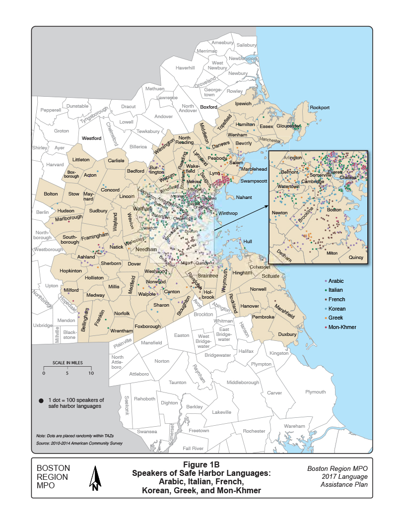 Figure 1B. Speakers of Safe Harbor Languages: Arabic, Italian, French, Korean, Greek, and Mon-Khmer
This map shows the distribution of speakers of Arabic, Italian, French, Korean, Greek, and Mon-Khmer in the Boston Region MPO area. 
